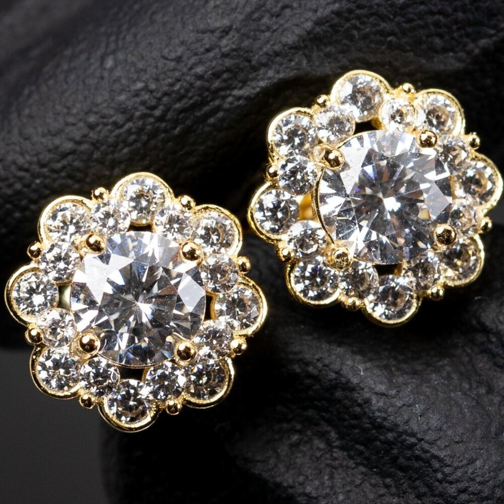 Flower Set Cz Cluster Gold Plated Sterling Silver Iced Cz Pointer Stud Earrings